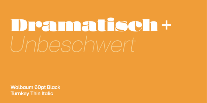 Dramatisch in Walbaum Black 60pt, unbeschwert in Turnkey Thin Italic.