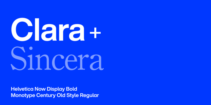 Claro + Sincero en Helvetica Now Display Bold con texto del cuerpo en Century Old Style Regular.